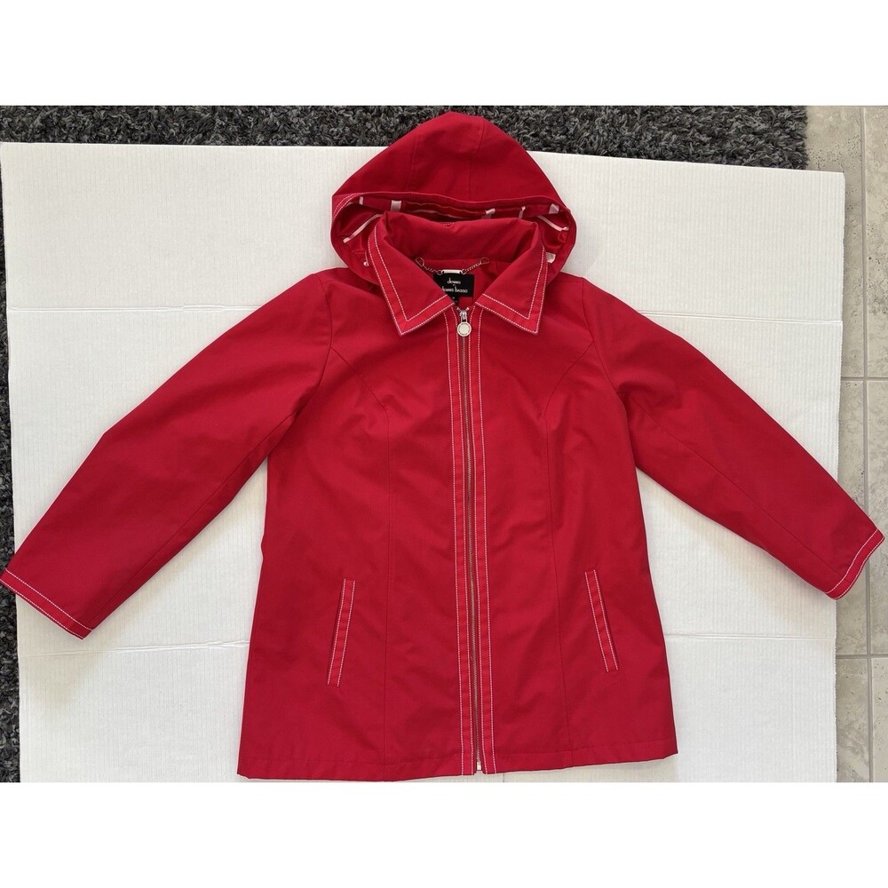 Dennis Basso Cherry Red & White Walking Car Coat w/ Removable Hood Medium